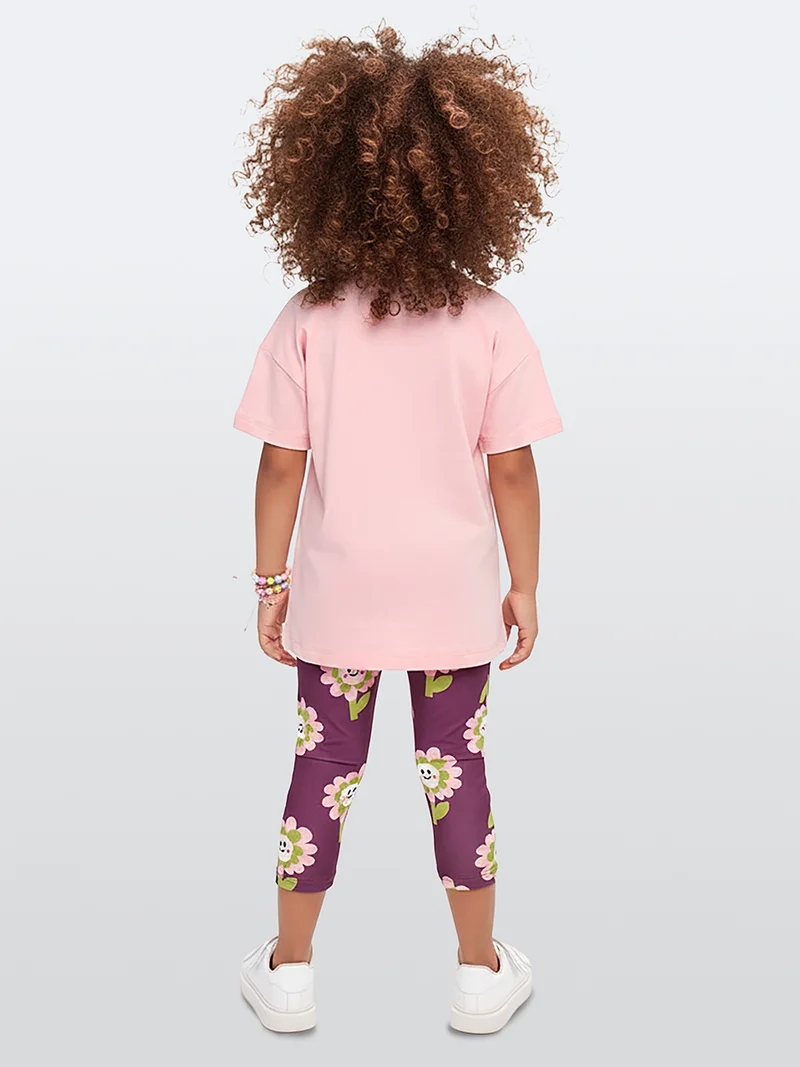 دينوكيدس طقم فتيات قطني تي شيرت وسراويل ضيقة بزهور مبتسمة